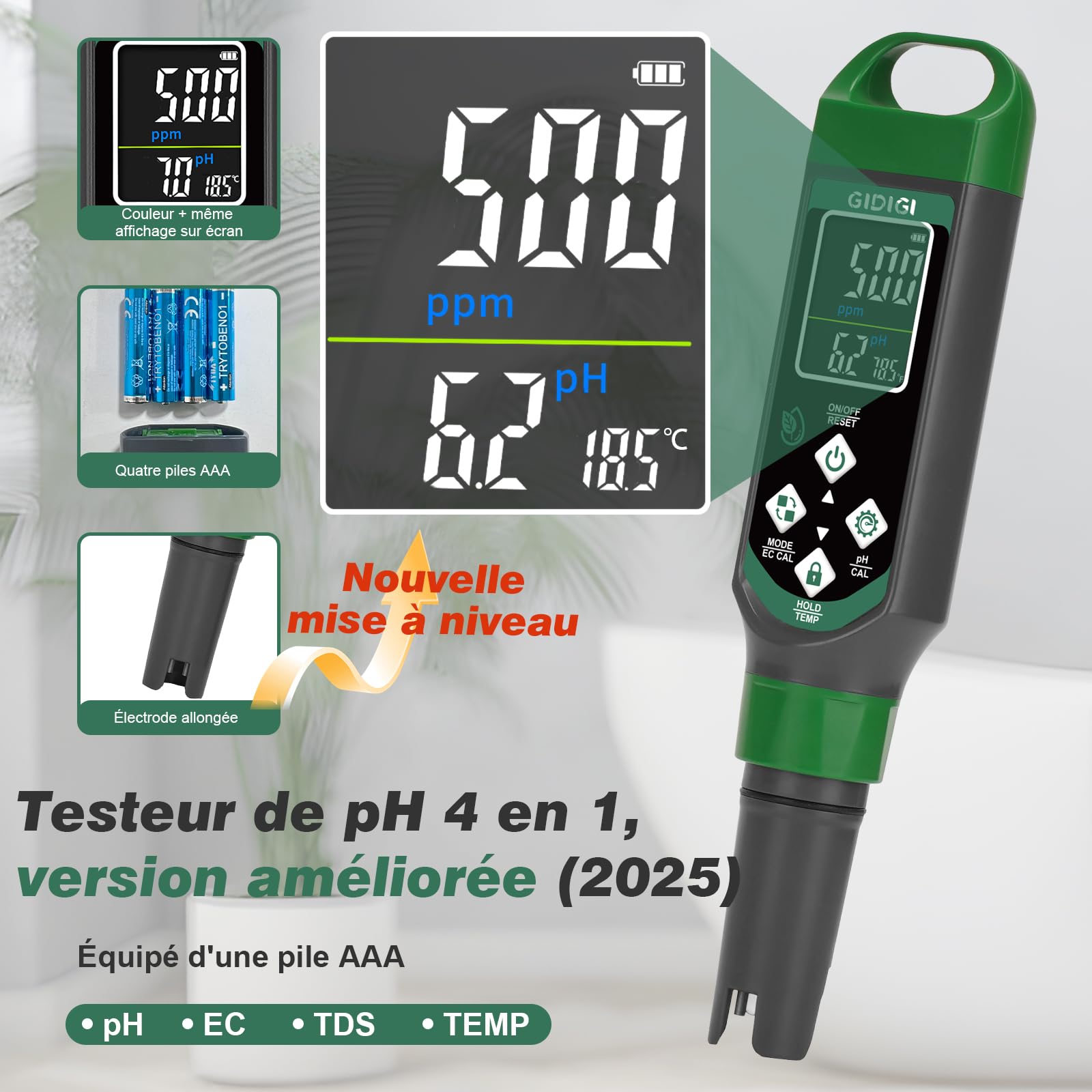 Testeur de pH numérique, testeur de PPM pour l’eau, testeur de pH 4 en 1 avec écran couleur, stylo pour tester la qualité de l’eau pH, EC, TDS et temp, adapté pour hydroponie, piscine, eau potable