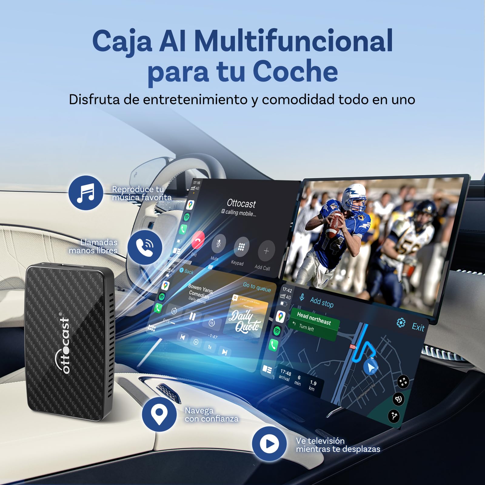 Ottocast Play2Video Pro, Adaptador inalámbrico CarPlay y Android Auto para Autos con CarPlay por Cable de fábrica, Caja Multimedia AI 2 en 1 con Netflix, Youtube, Prime Video, WiFi 5G y Bluetooth 5.0