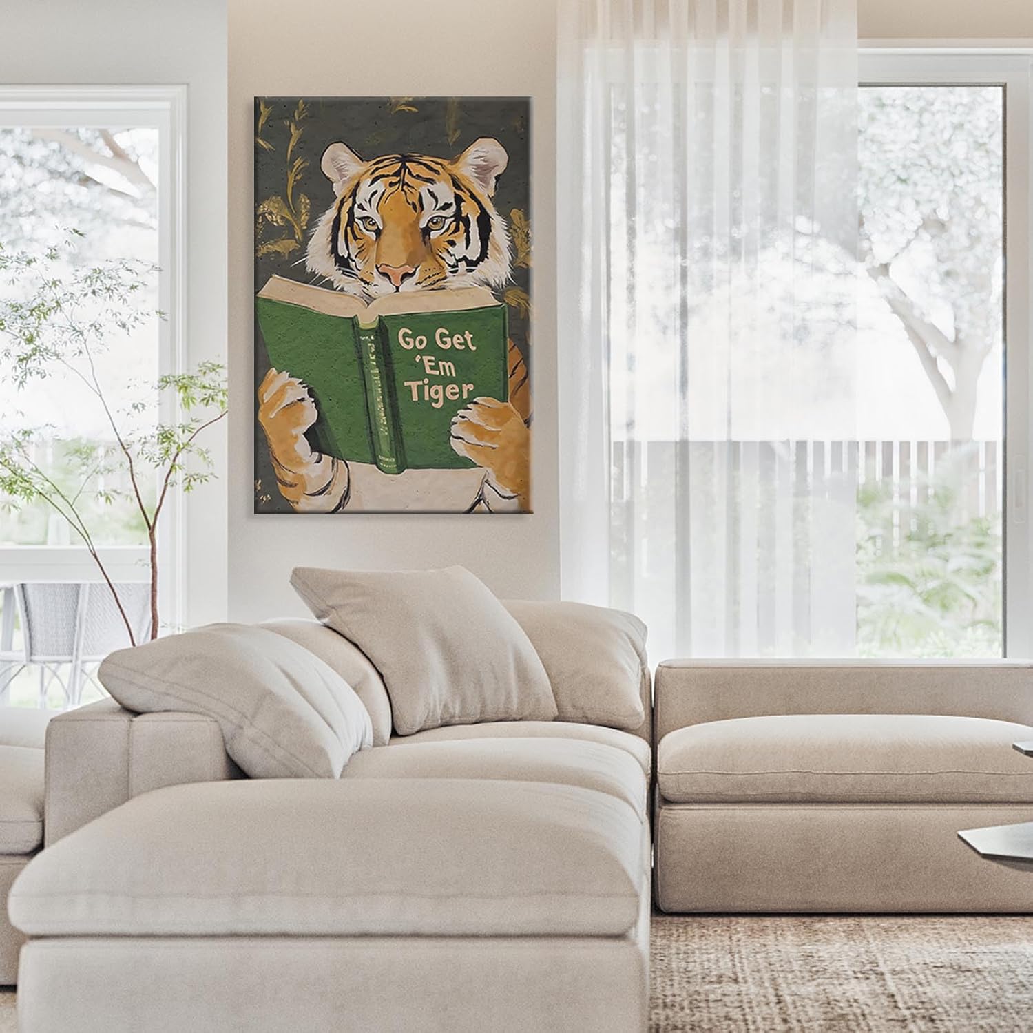 Trendy Tiger Reading Green Book Wall Art Cute Funny Go Get Em Tiger Posters Vintage Humorous Jungle Animal Aesthetic Paintings For Home Bedroom Dorm Apartment Wall Decor 8x12in Wrapped Canvas