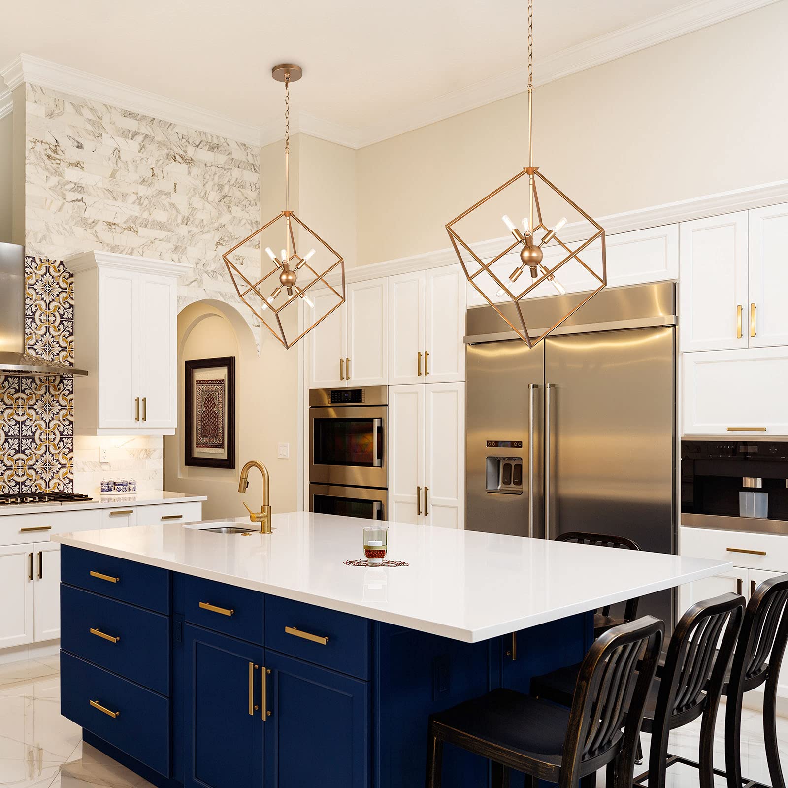 Gold Chandelier Light Fixture, 6-Light Modern Gold Lantern Pendant Lighting for Kitchen Island, Foyer, Entryway & Dining Room, 20'' D x 35'' H