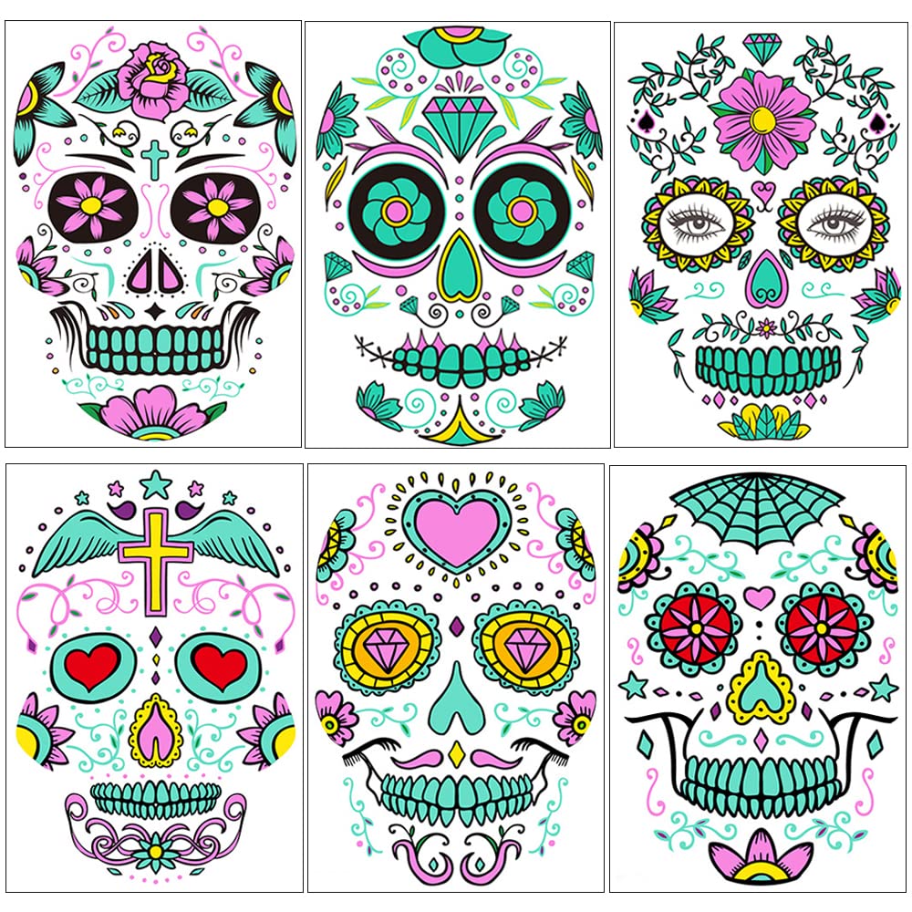 Halloween Day of Dead Face Tattoos, Neon Sugar Skull Tattoo, 6-Sheet Shimmer Designs Glow UV Neon Body Skin Tattoo Stickers for Men Boys Body Art
