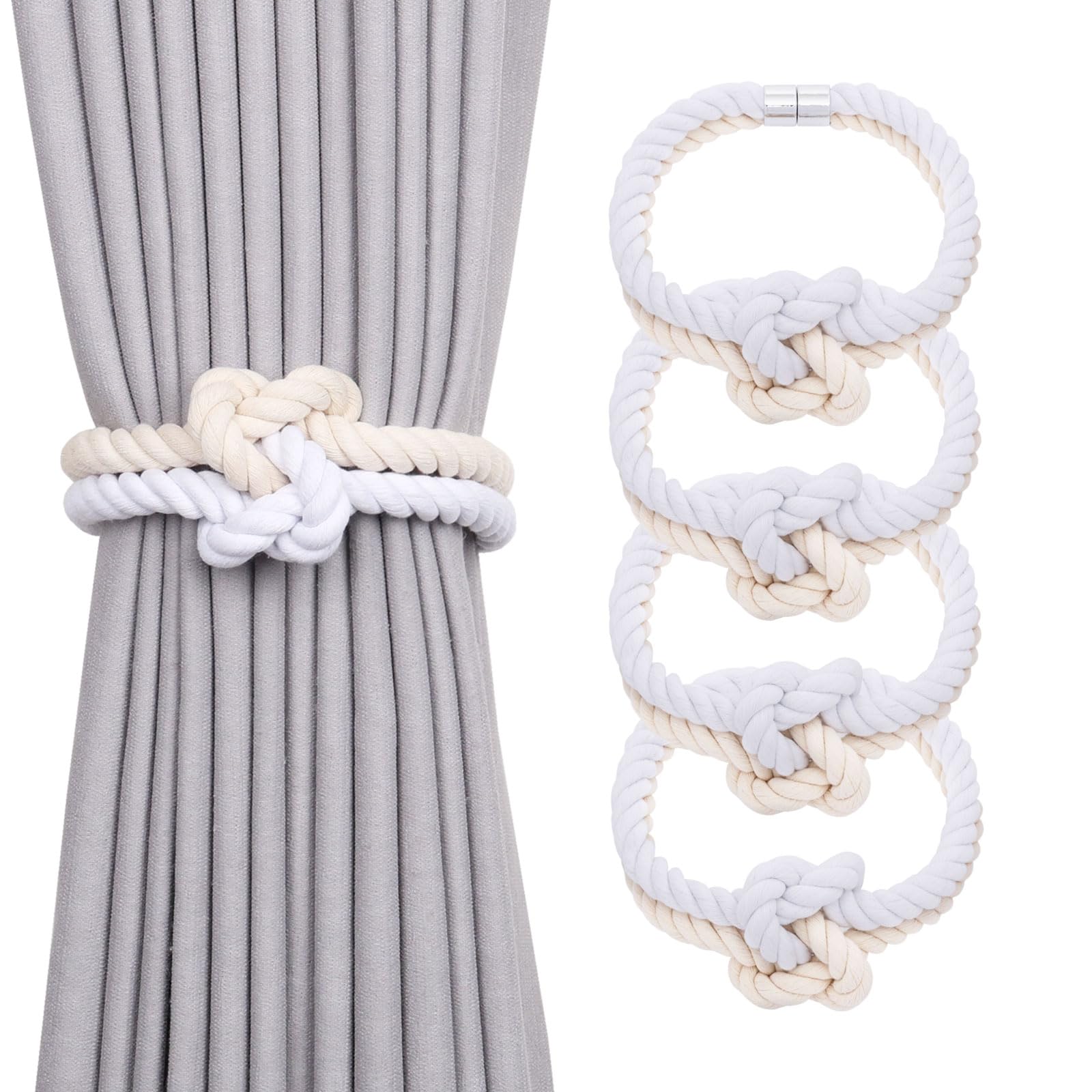 Pretty Jolly 4 Pack Natural Cotton Rope Magnetic Curtain Tiebacks Elegant Knot Decor Drape Tie Backs Boho Soft Hand Weave Rope Curtain Holdbacks for Home & Office Window Drapery (Beige & White)