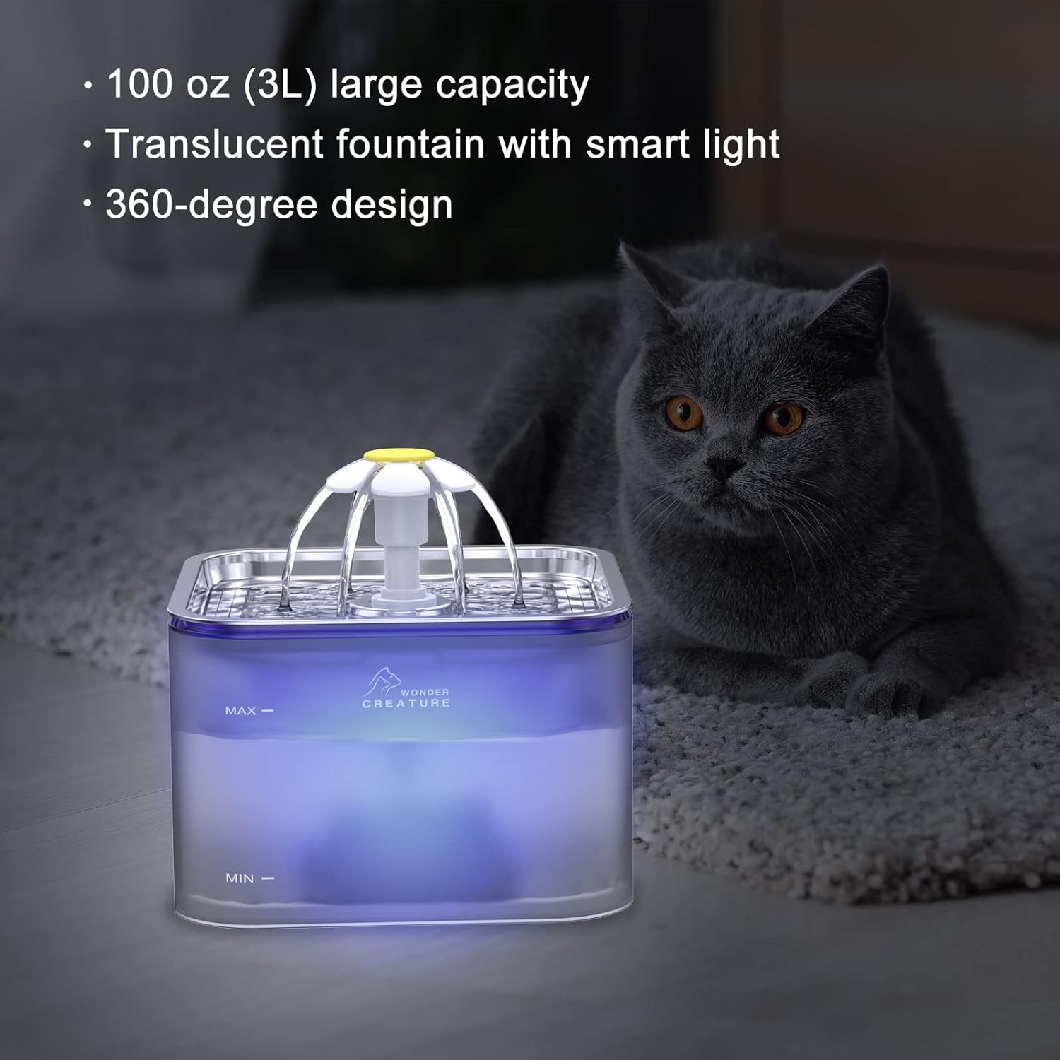 Crystal Cat Water Fountain Stainless Steel, 100oz/3L Pet Fountain with LED Light for Cats and Dogs (Grey) : Pet Supplies