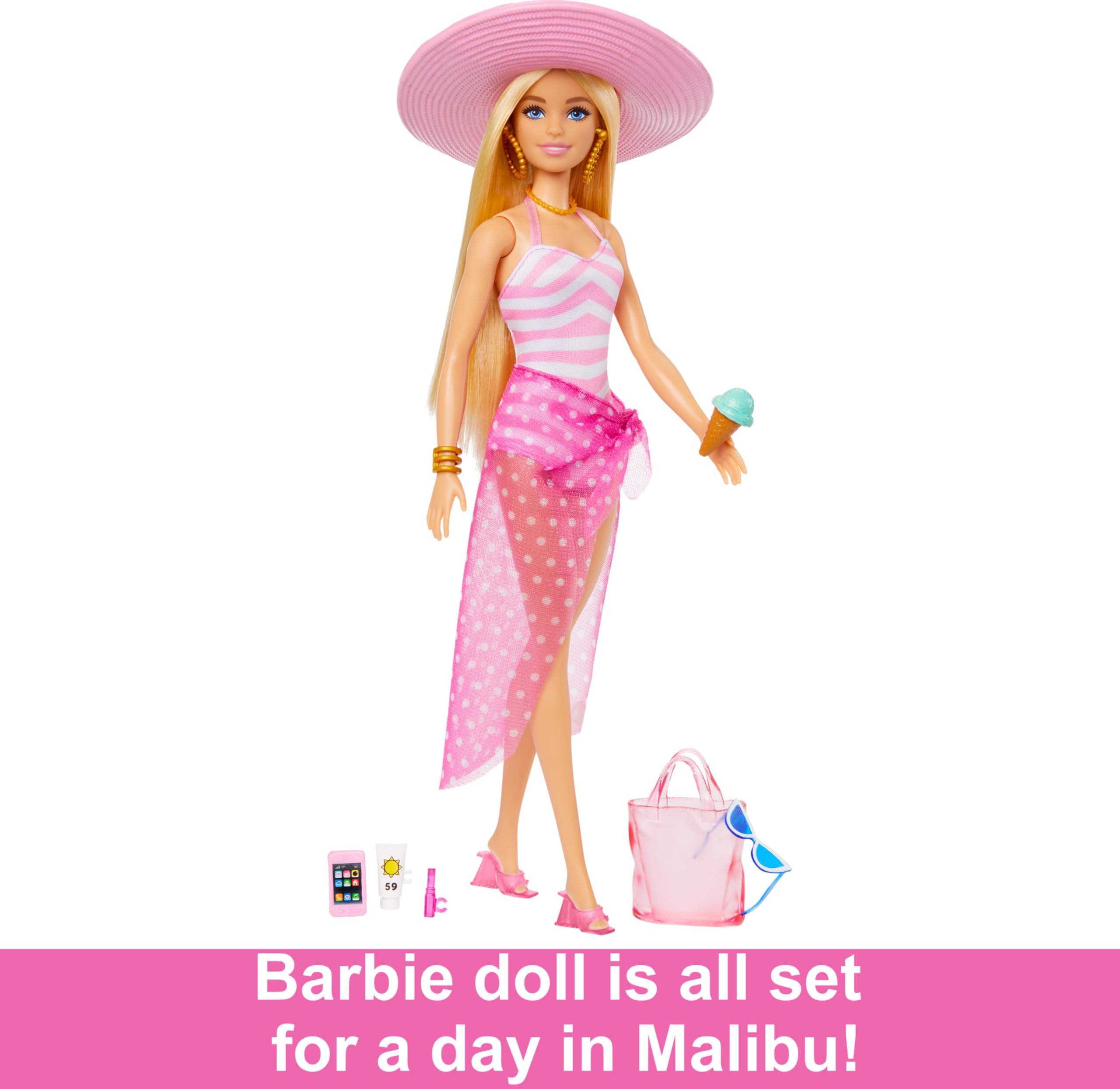 Barbie - Bambola bionda con costume da bagno rosa e bianco, pareo a pois, cappello da sole, tote bag e tanti accessori da spiaggia, giocattolo per bambini, 3+ anni, HPL73 (Confezione da 2)