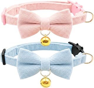 2 Pack Cat Collar with Bow Bell, Soft Adjustable Cat Collar with Safety Buckle for Cats and Kittens, Blue & Pink