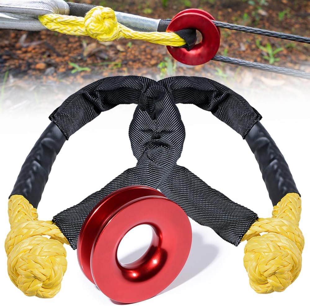 For Off-Road ATV UTV SUV Truck Farming Industrial Mining Trailer Snowplow 2X Red Snatch Recovery Ring Load Capacity 41,000lbs + 4PCS Yellow Synthetic Soft Shackle Winch Rope Towing Straps