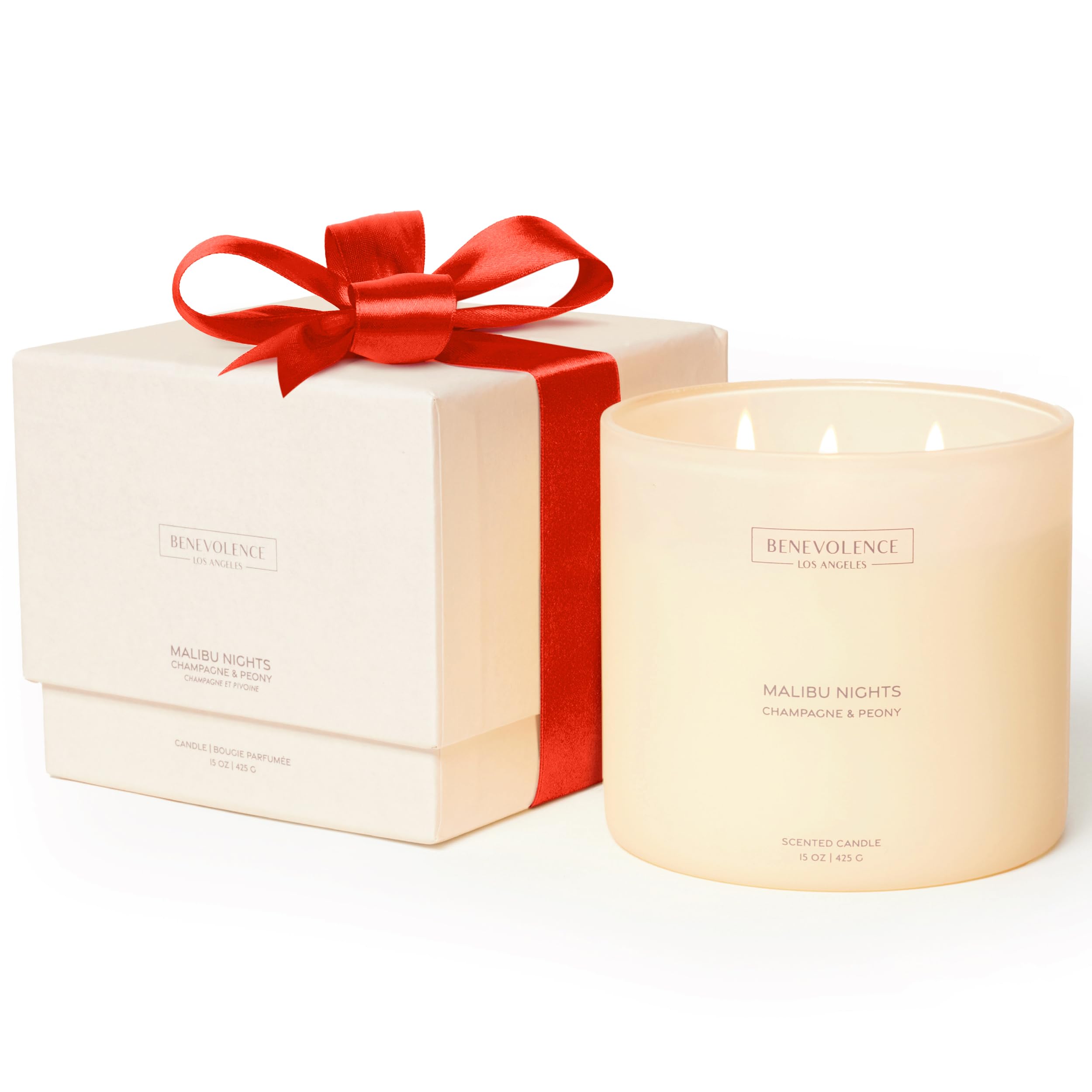 Champagne & Peony – Benevolence LA Large 3-Wick Scented Candle for Home | 15oz, 50-Hour Burn | Natural Soy Wax, Cotton Wicks | Christmas Holiday Gift Ideas | Malibu Sands Collection – Gift for Women