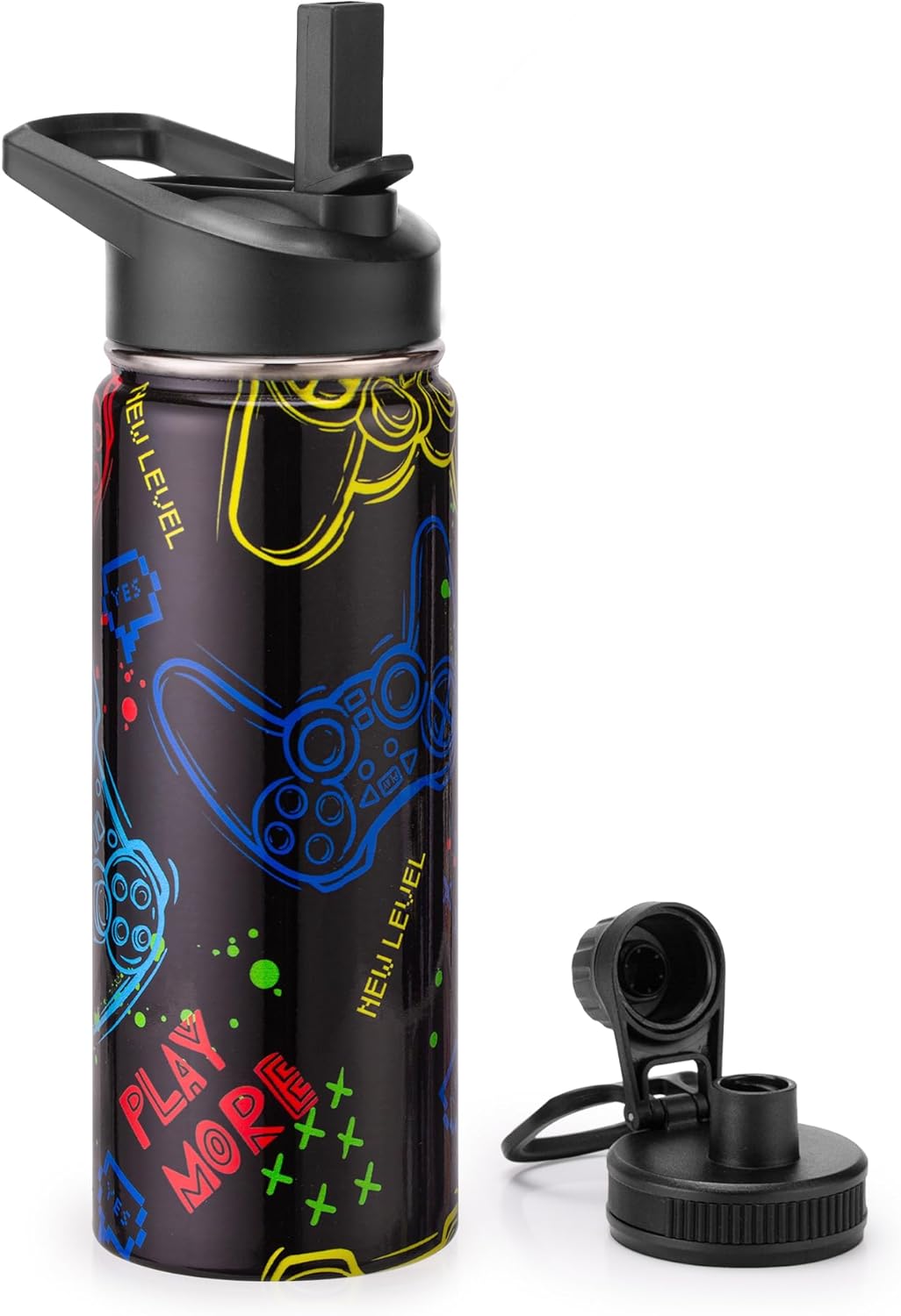 18oz Insulated Water Bottle with Straw Lid & Spout Lid, Game Controller, Gift for Kids Boys Girls Student Sports Travel Fitness Hiking Outdoors, Double Wall, Hands Wash Only, Black 18oz Insulated Water Bottle with Straw Lid & Spout Lid, Game Controller, Gift for Kids Boys Girls Student Sports Travel Fitness Hiking Outdoors, Double Wall, Hands Wash Only, Black