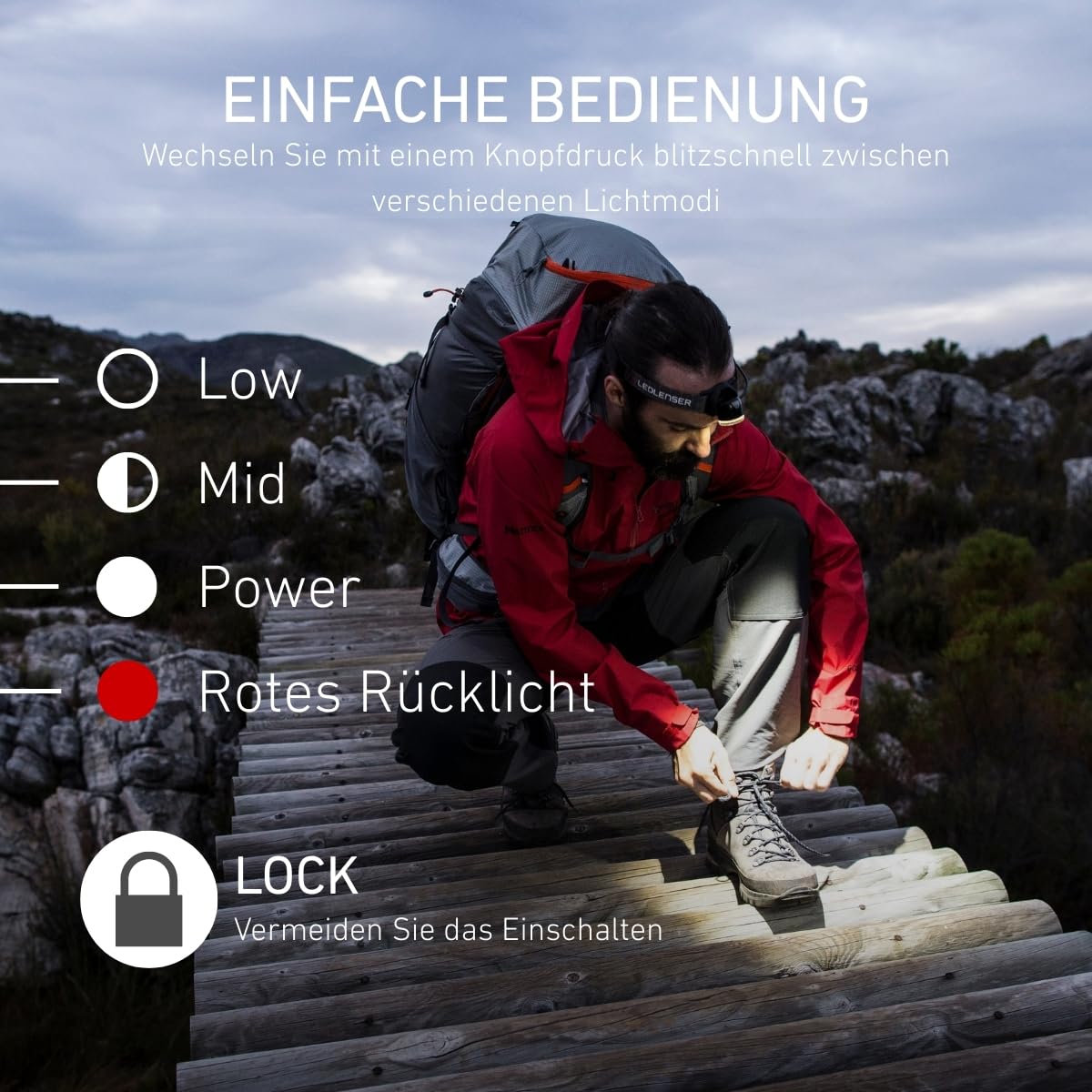 Ledlenser H8R Stirnlampe LED, aufladbar mit Lithium 18650 Akku, 600 Lumen, fokussierbar, bis zu 120h Laufzeit, rotes Rücklicht, schwenkbar, USB Ladekabel, Headlamp