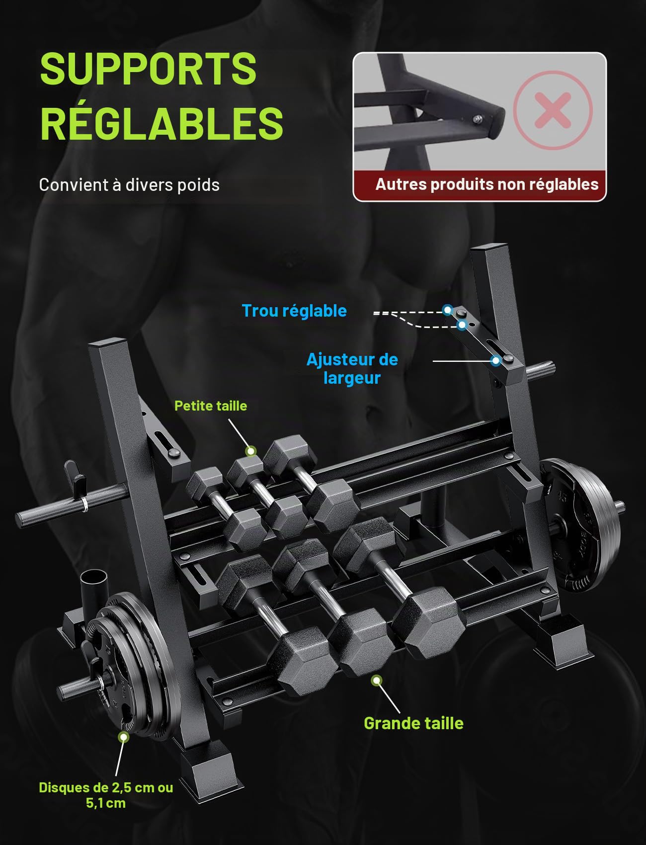 YOLEO Support pour Haltères Réglable à 3 niveaux Repose Haltères Rack de Rangement pour Musculation Stockage d'haltères à la Maison Support de Poids Robuste Max. 500 KG