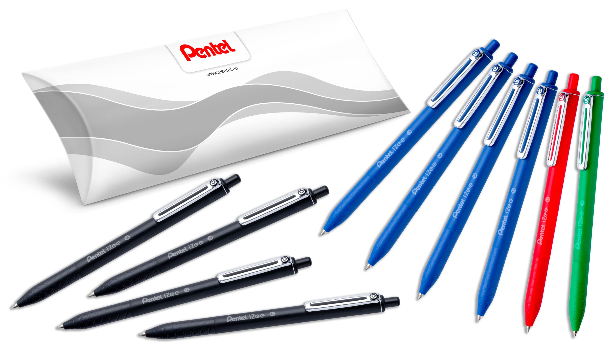 Pentel iZee BX470 Długopis chowany z tuszem o niskiej lepkości, szeroka końcówka 1 mm, opakowanie 10 długopisów czarny x 4, czerwony x 1, niebieski x 4, zielony x1