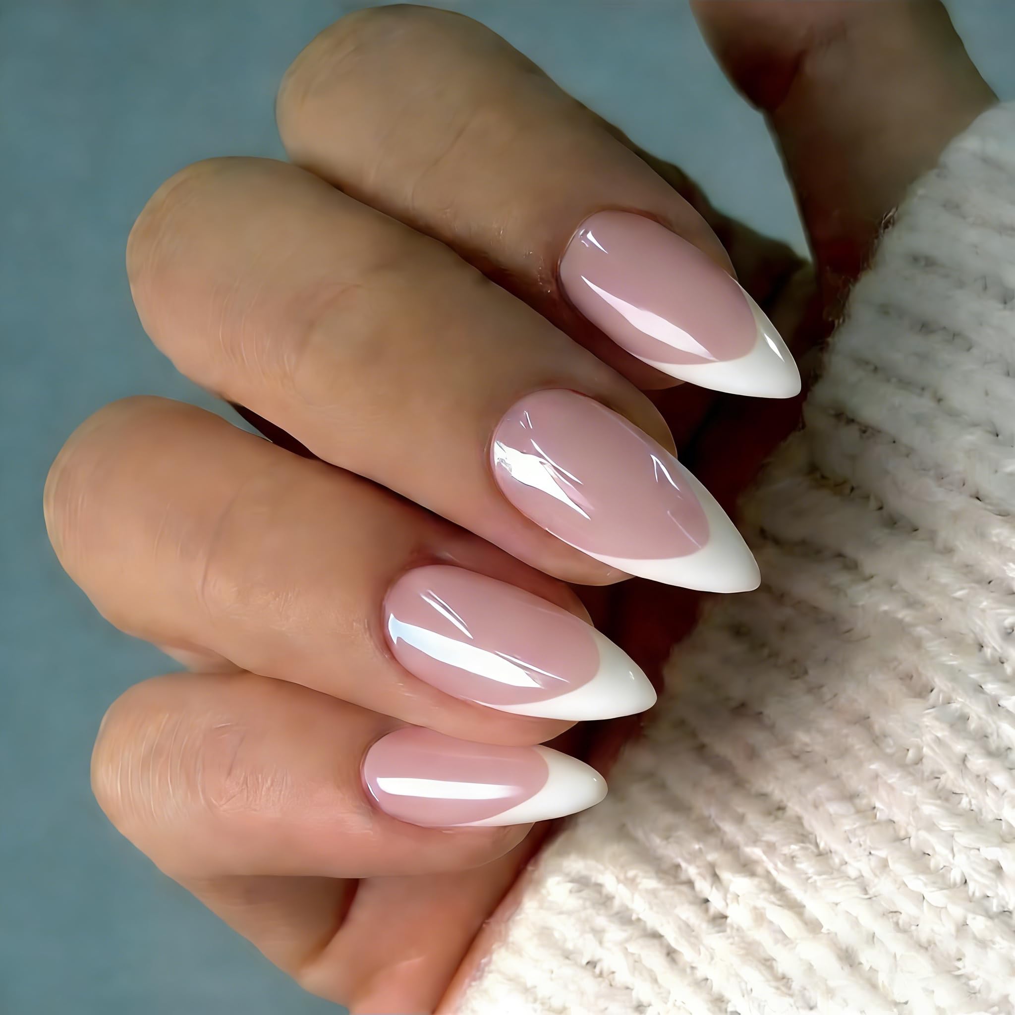 Chrome Press on Nails Almond Medium, White French Tip False Nails with a Glazed Pale Pink Base, Fake Nails Press ons, Stiletto Acrylic Stick on Nails for Women Wedding Decoration 24 Pcs