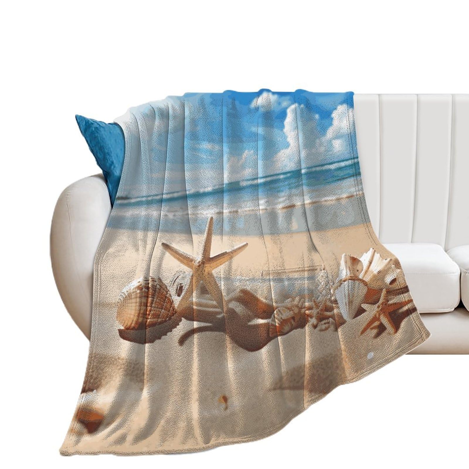Couverture douce plage et coquillages pour vos soirees cocooning canape
