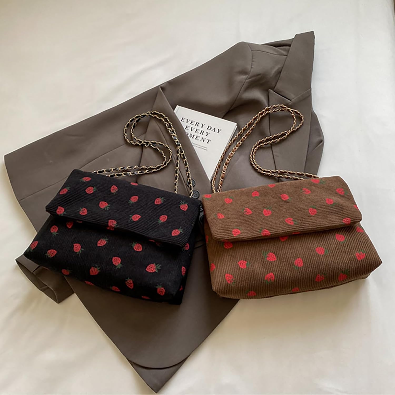 Strawberry Purse Corduroy Tote Bag for Women Cute Aesthetic Crossbody Bag Fashion Chain Shoulder Handbag Canvas Wallet - Image 5