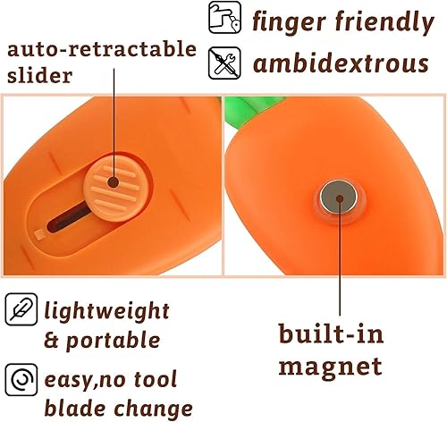 Miniatura 3 de Abrecajas con forma de zanahoria de 2 piezas, imán de nevera, mini cuchillo multiusos portátil, cortador de sobre, hoja de seguridad que se retrae
