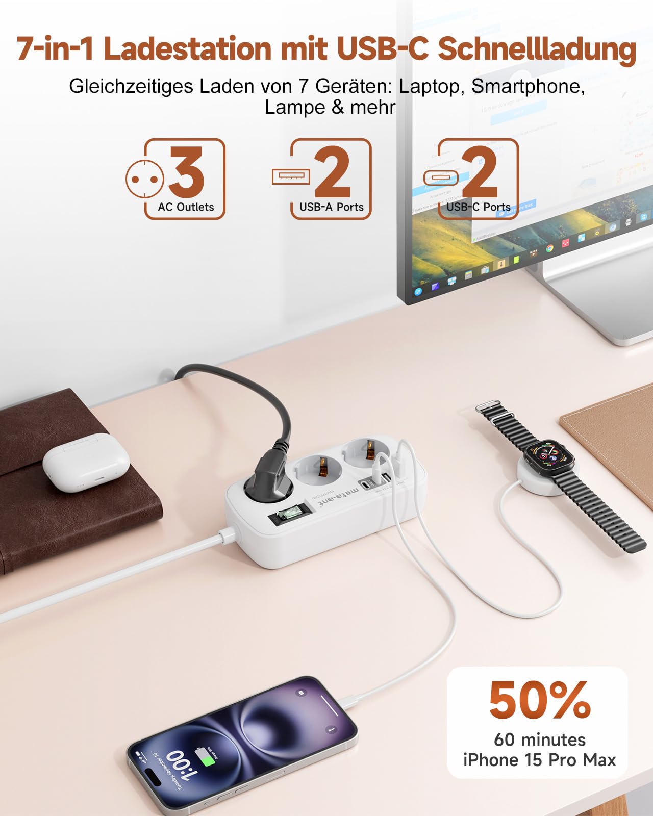Reiseadapter UK Adapter England Deutschland Stecker, 7 in1 Steckdosenadapter England mit 3AC 2 USB C und 2 USB A, Reiseadapter Typ G für London Malta Irland Dubai, Adapter UK auf EU