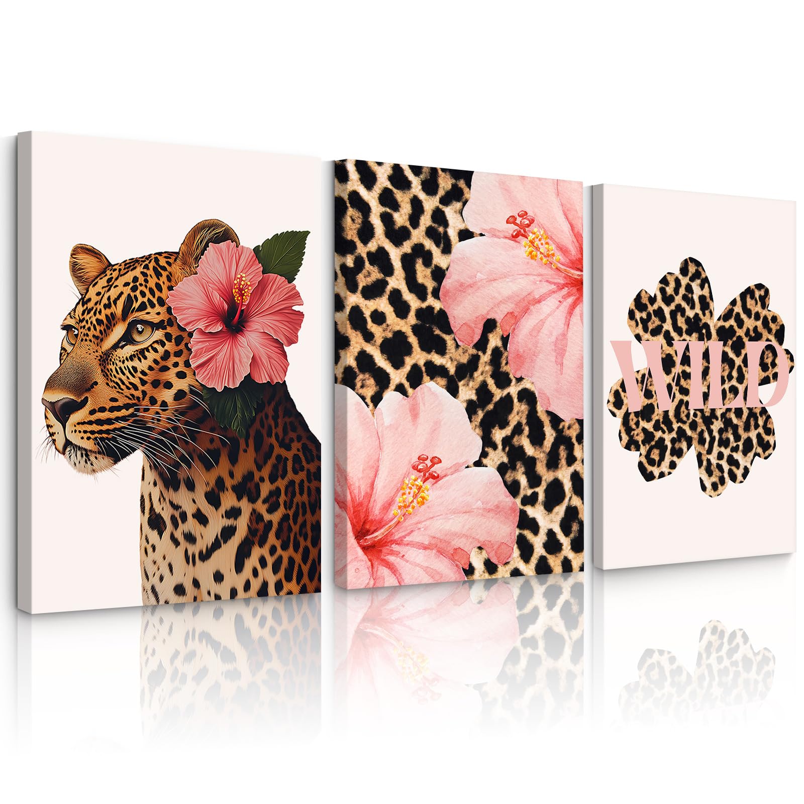 Trendy Leopard Wall Art Pink Cheetah Print Room Decor Leopard Flower Canvas Wall Decor Cheetah Aesthetic Poster Girly Pink Preppy Picture Funky Y2k Artwork for Girl Bedroom 16x24x3 Inch Wrapped Canvas — image 1