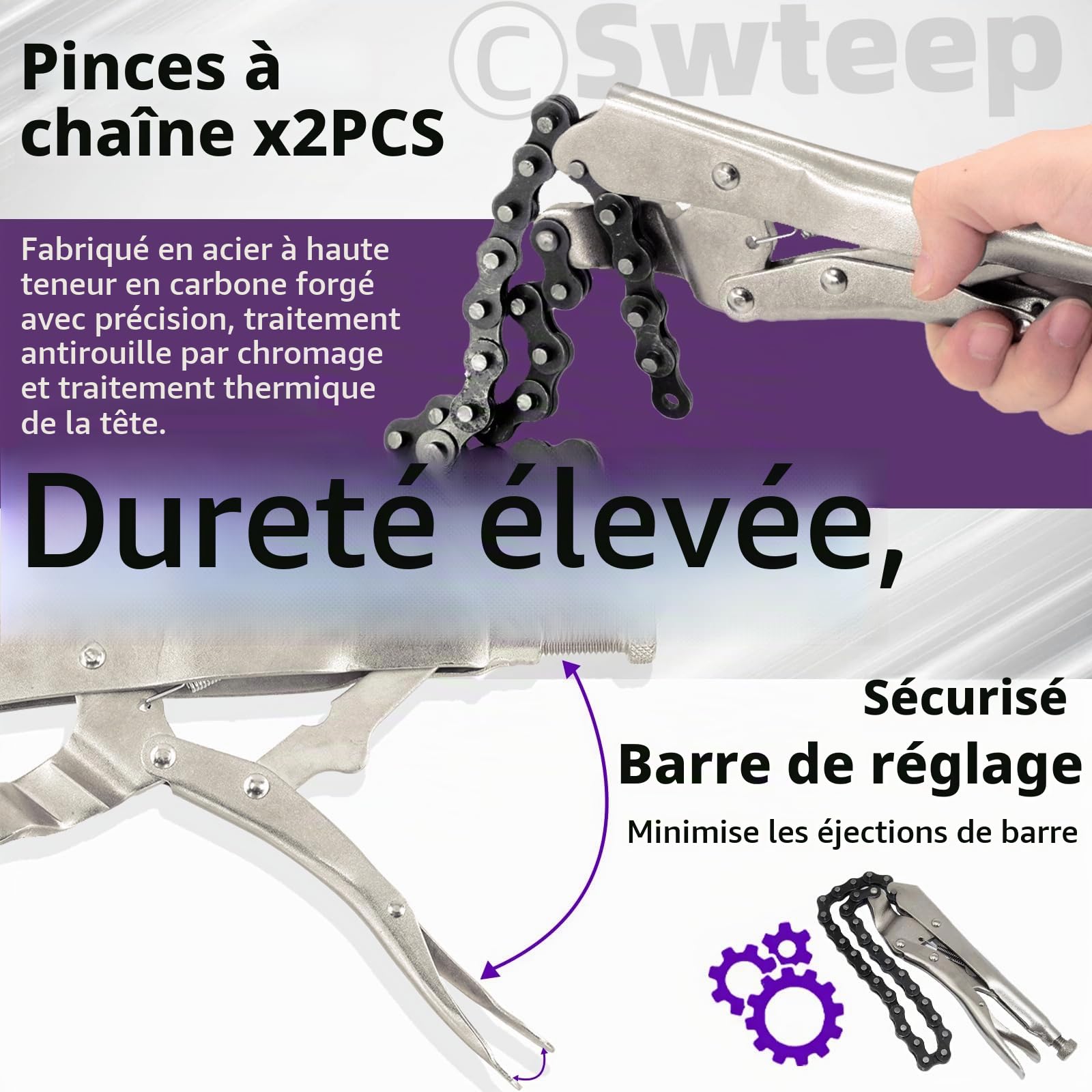Swpeet 2pcs 9inch Heavy Duty alliage Steel Lock Chain Clamp avec chaîne de 20 pouces, outil de filtre à huile réversible raccord de tuyau outil clé à chaîne pour une force de verrouillage maximale