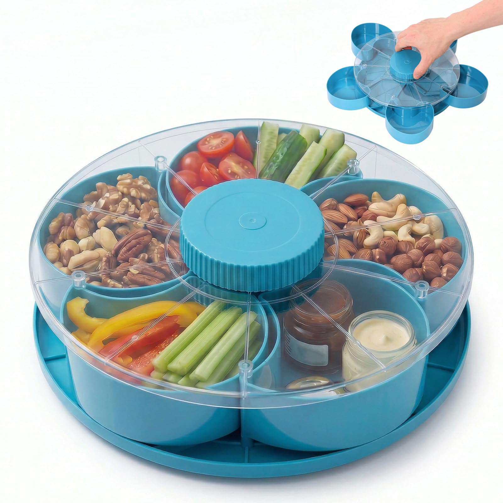 BOBASH Divided Spin and Snack Serving Tray with Lid, 360° Rotating Lazy Susan Snack Box, 5-Compartment Portable Veggie & Fruit Platter for Travel, Picnic, Party & Game Day, Dishwasher Safe(blue)