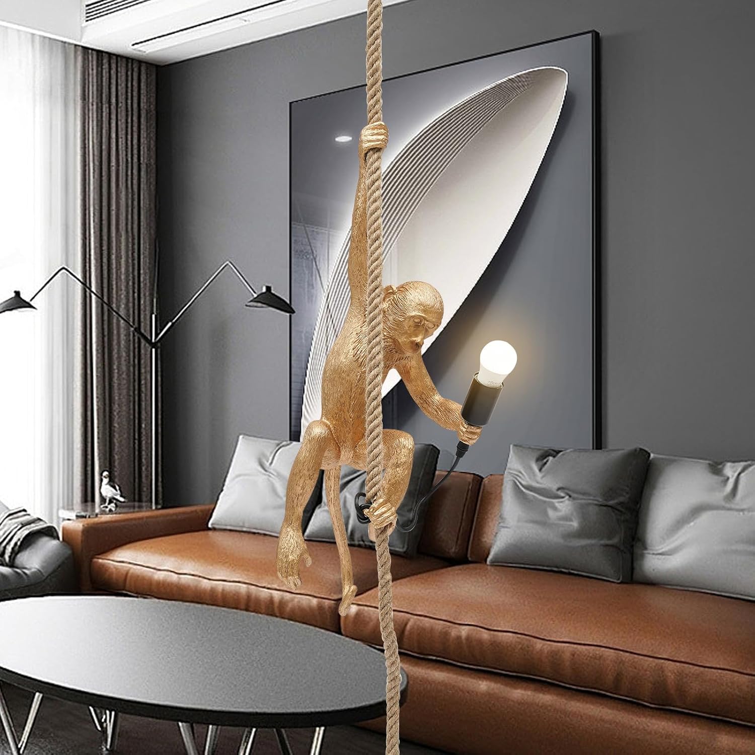 TFCFL Resin Monkey Pendant Light with Hemp Rope, Industrial Edison Retro Chandelier, E27 Hanging Lamp Fixture for Indoor Creative Decor & Lighting, 13.7 * 78.7 Inches (Pendant Light - Golden)