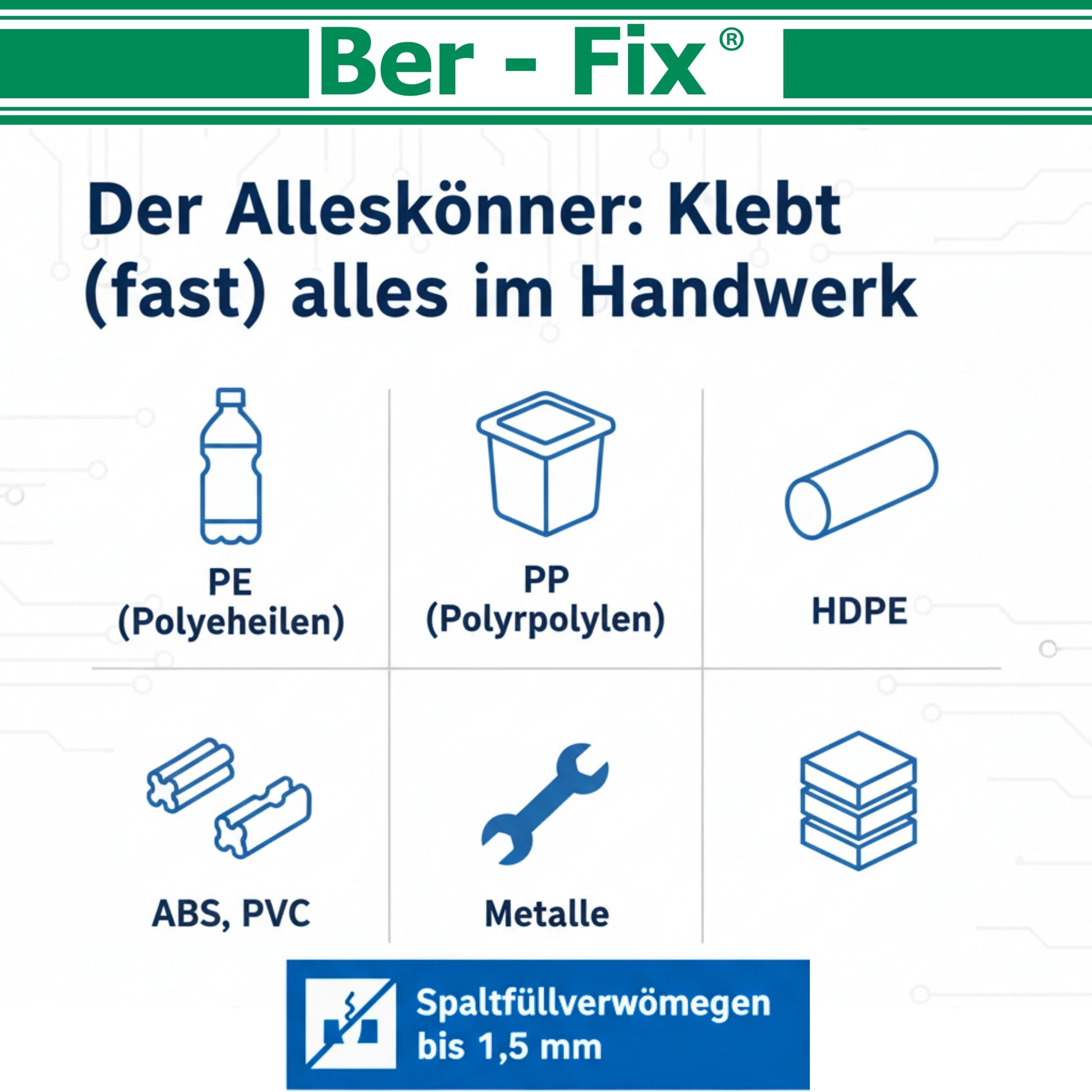 Ber-Fix 2K Poly Spezialkleber 2x50g + 12 Düsen PE PP HDPE primerlos 50g