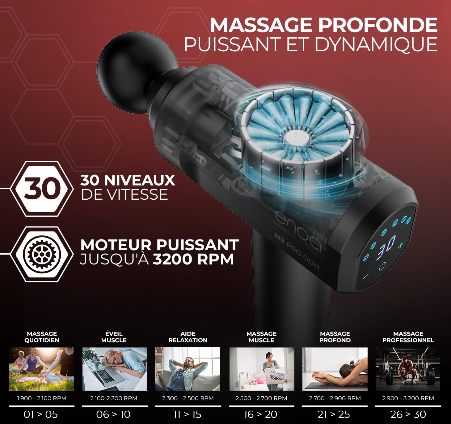 ENOA M8 PRO – Pistolet de Massage Musculaire, Puissant & Silencieux, 30 Vitesses, 6 Têtes, Écran LCD, USB-C, Sac de Voyage Inclus | Pistolet Massage Musculaire, Massage Profond, Silencieux, Écran Lcd, Usb C, 6 Têtes, Sac De Voyage