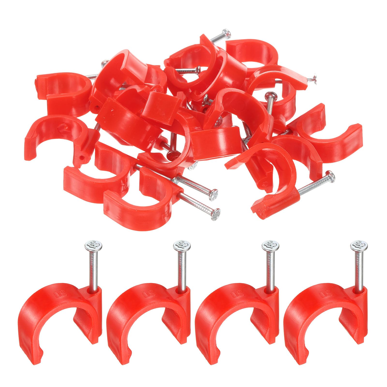 sourcing map 50pcs Cable Clips with Nail 20mm Circular Single Half Clamp J-Hook with Nail Cord Clips for Wires on Wall for Ethernet Tacks Coax Pex Tubing Pipe Support, Red