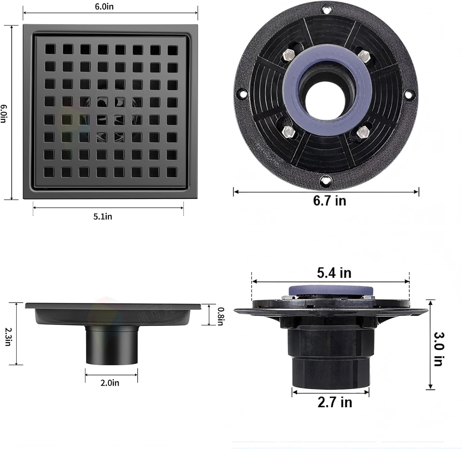 6 Inch Square Shower Floor Drain, Matte Black SUS304 Steel, Removable Hair Catcher Grate with ABS Flange, High Flow Anti-Clog & Odor Prevention, Includes Cleaning Tweezer
