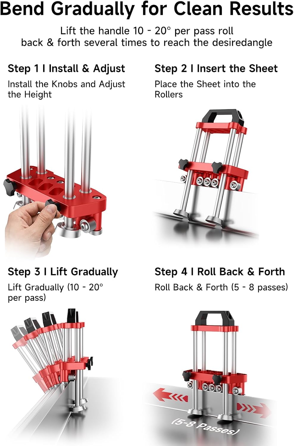Sheet Metal Edge Bender, Dual-Station Roller Bending Tool for Thin Panels, Precision Edge Roller Roofing and Trim, Angled Rollers for Straight Bends up to 100°, Adjustable Height Accurate Scale, Red