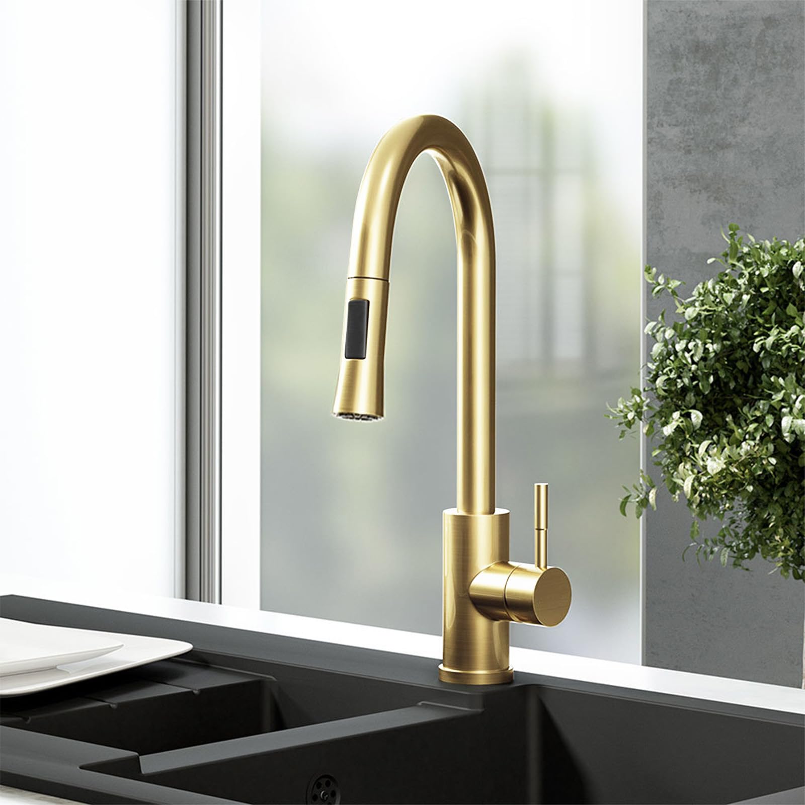 Nes Home Brushed Brass Modern Pull Out Kitchen Mixer Tap