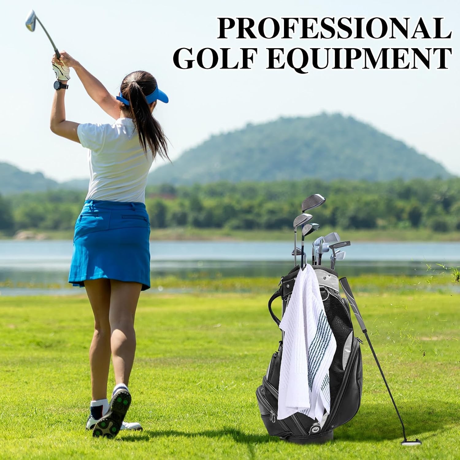 Vabean 2 Pcs 22 x 44 Large Golf Towel Caddie Style Center Cut Caddy Hanging Fast Drying Golf Club Cotton and Polyester Blend Camping Towels(White-Green, White-Blue) - Image 7