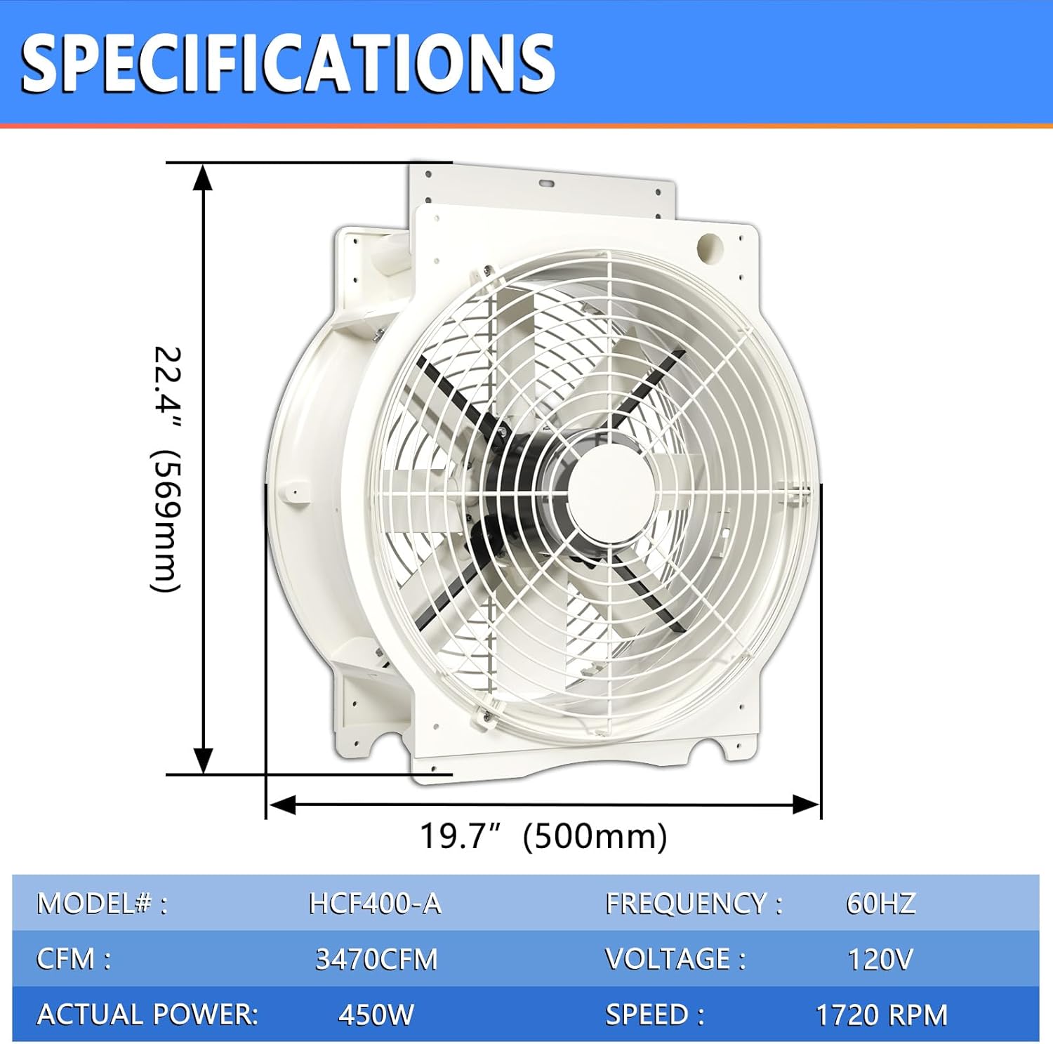 High Speed Air Ventilation Fan 3470CFM Heavy-Duty Ceiling-mounted Fan for Greenhouse, Factory, hotel, 120V/60Hz,1720RPM
