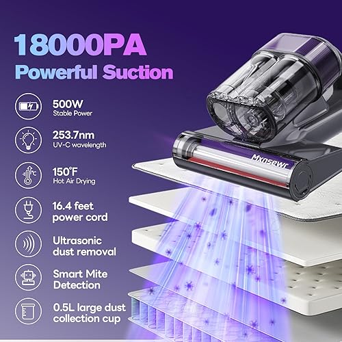 Miniatura 2 de Aspiradora de colchón, aspiradora de mano de 18 Kpa con luz UV-C de 253.7 nm, filtro HEPA y ultrasonidos, calor de 150 F, taza doble inteligente y
