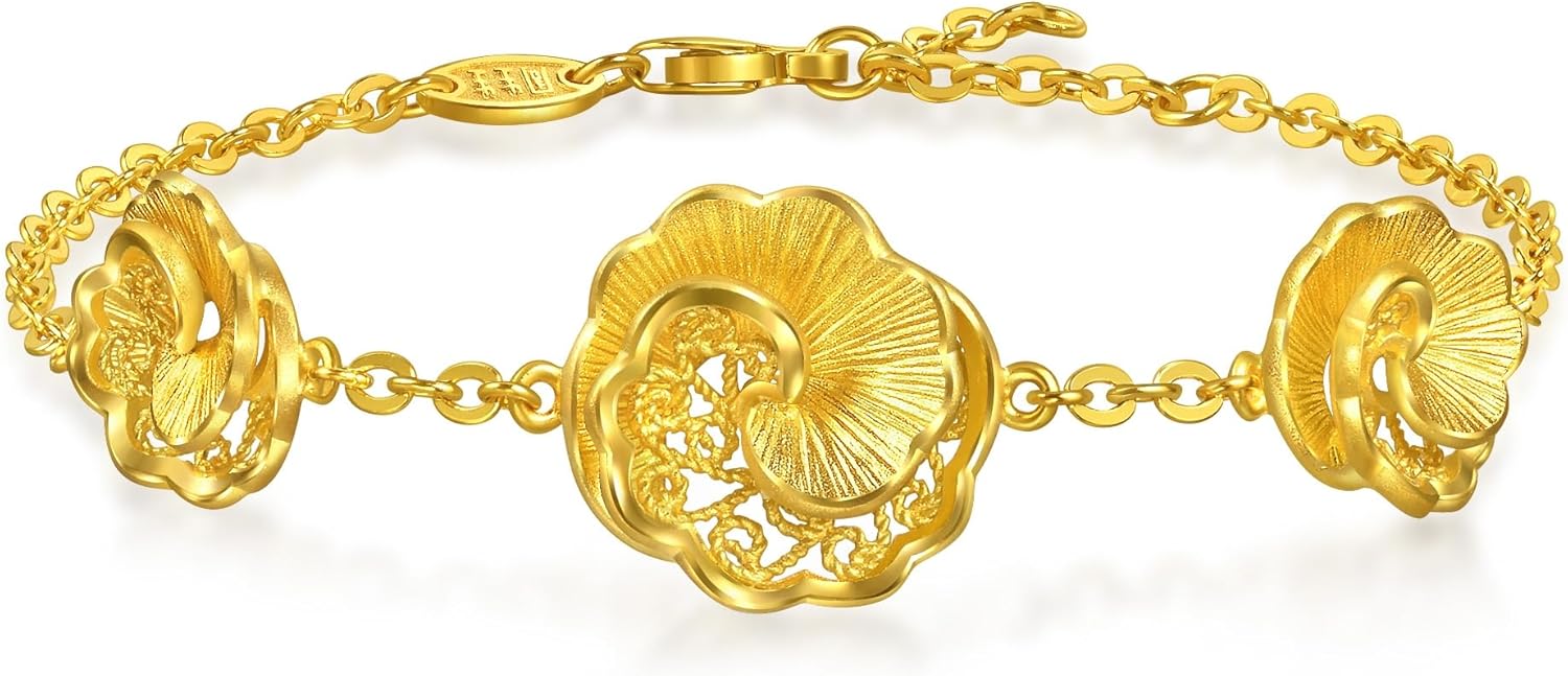 CHOW SANG SANG 999.9 24K Gold Chinese Wedding Collection Chinese Wedding Camellia Bloom Bracelet for Women 18cm 95839B Price-by-Weight 8.23g Gold