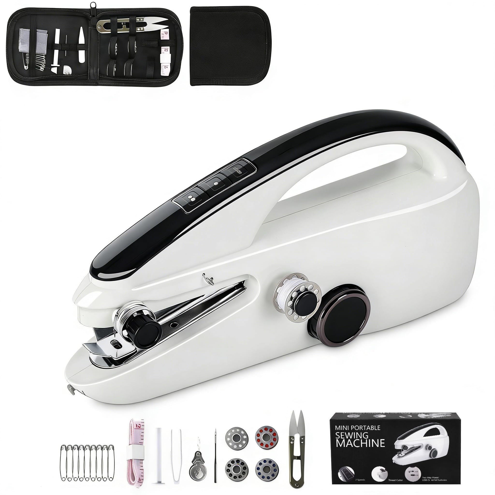 Mini máquina de coser de mano, 2 velocidades con costura rápida, dos fuentes de alimentación para coser ropa, tela, máquina casera para principiantes, adultos (con bolsa de almacenamiento)