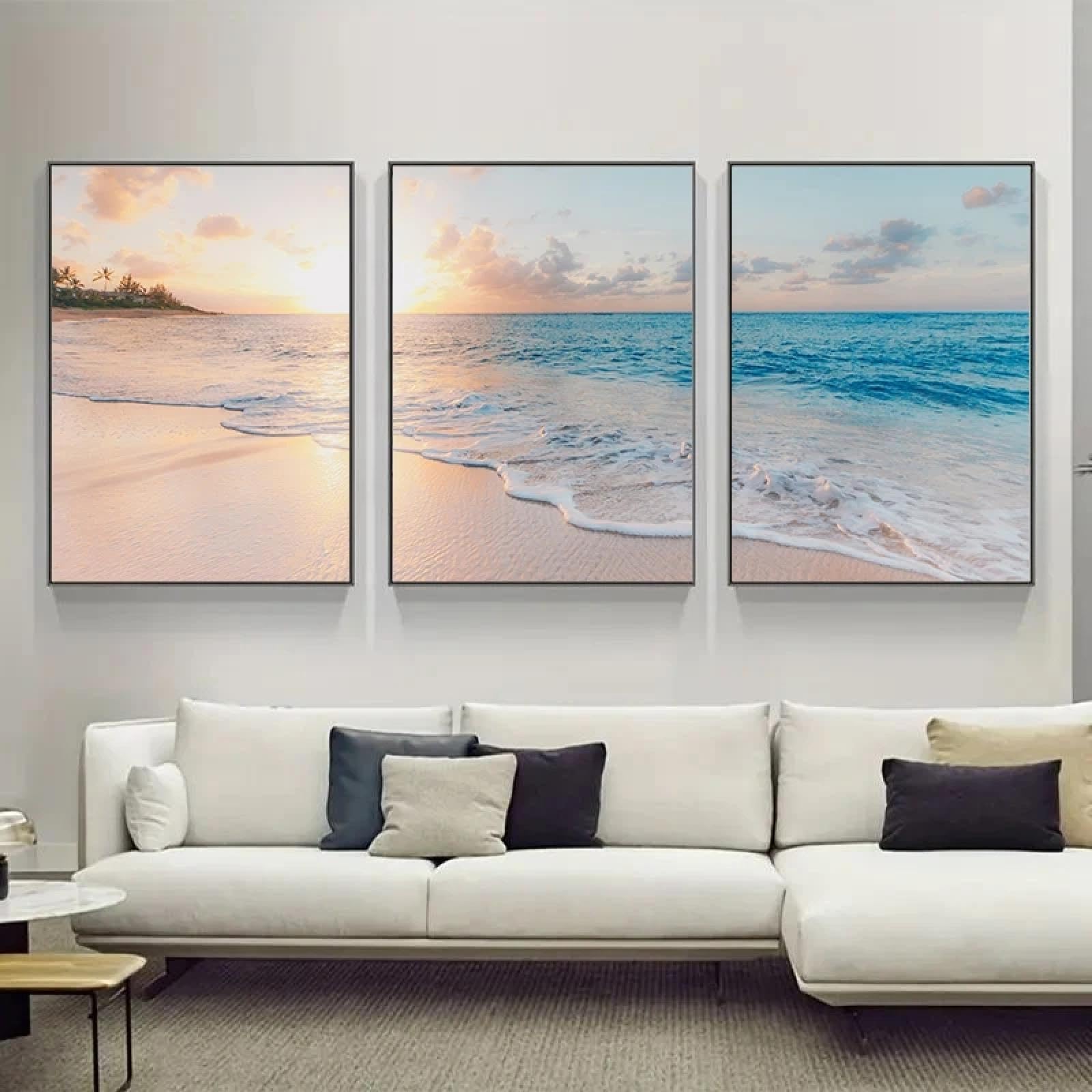 CHAOJIART Hellblaue Wellen, Sonnenuntergang am Meer, Landschaftsgemälde, HD-Druck, Bild, Wandkunst, Leinwandgemälde für Wohnzimmer, Heimdekoration, 50 x 70 cm x 3 Innenrahmen