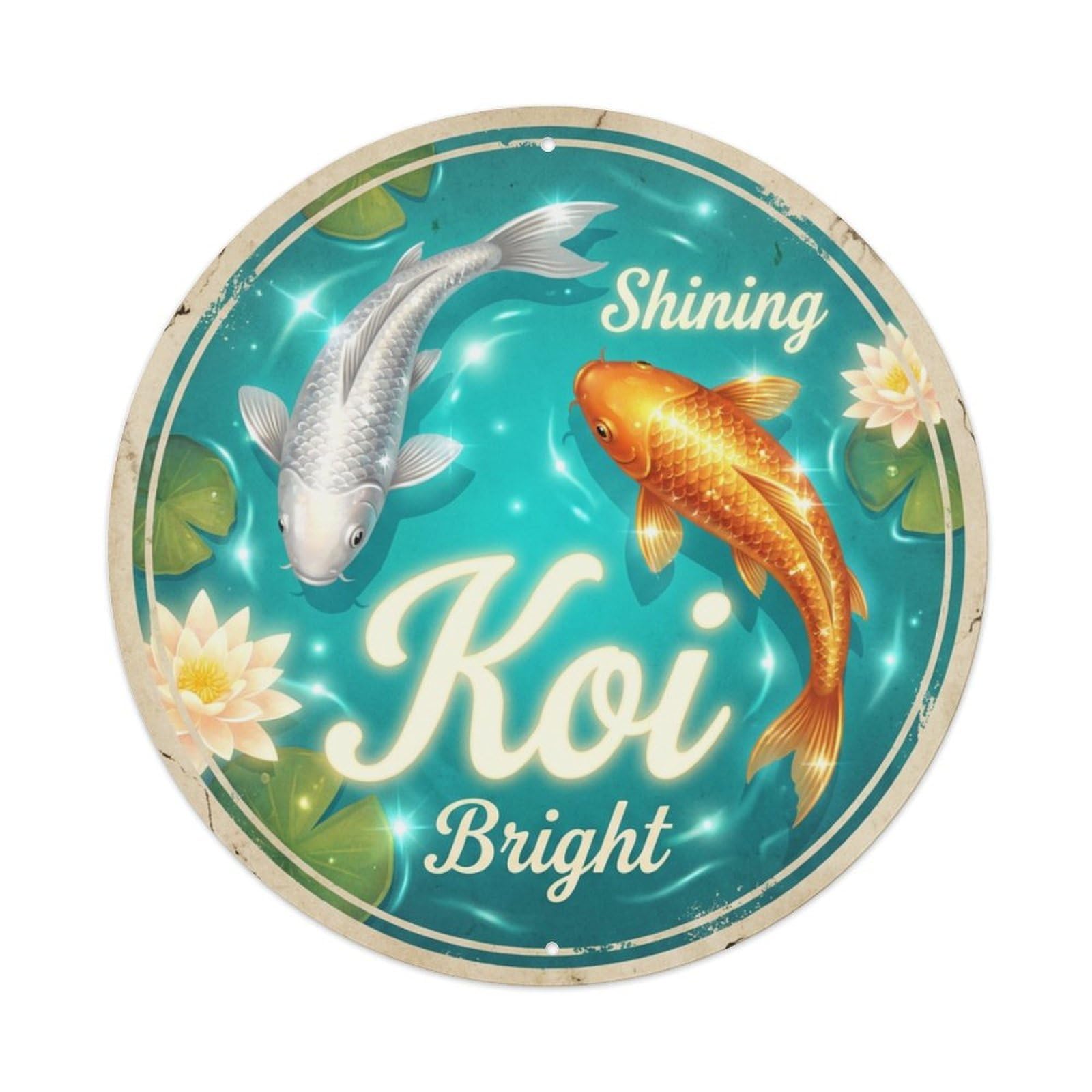 Metal Tin Sign Koi Fish Shimmering Sparkle Japan Vintage
