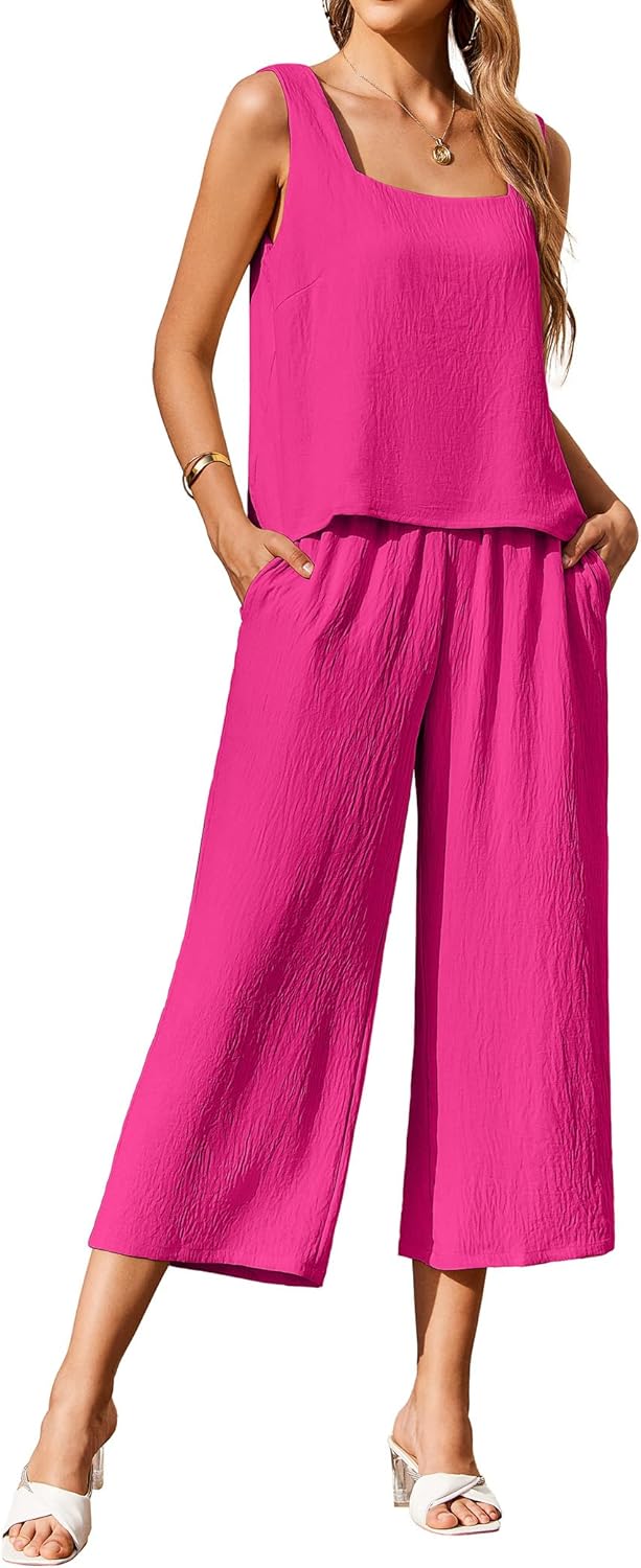 Ekouear Women's 2 Piece Outfits Sleeveless Top Capri Pants Matching Lounge Set Vacation Clothes