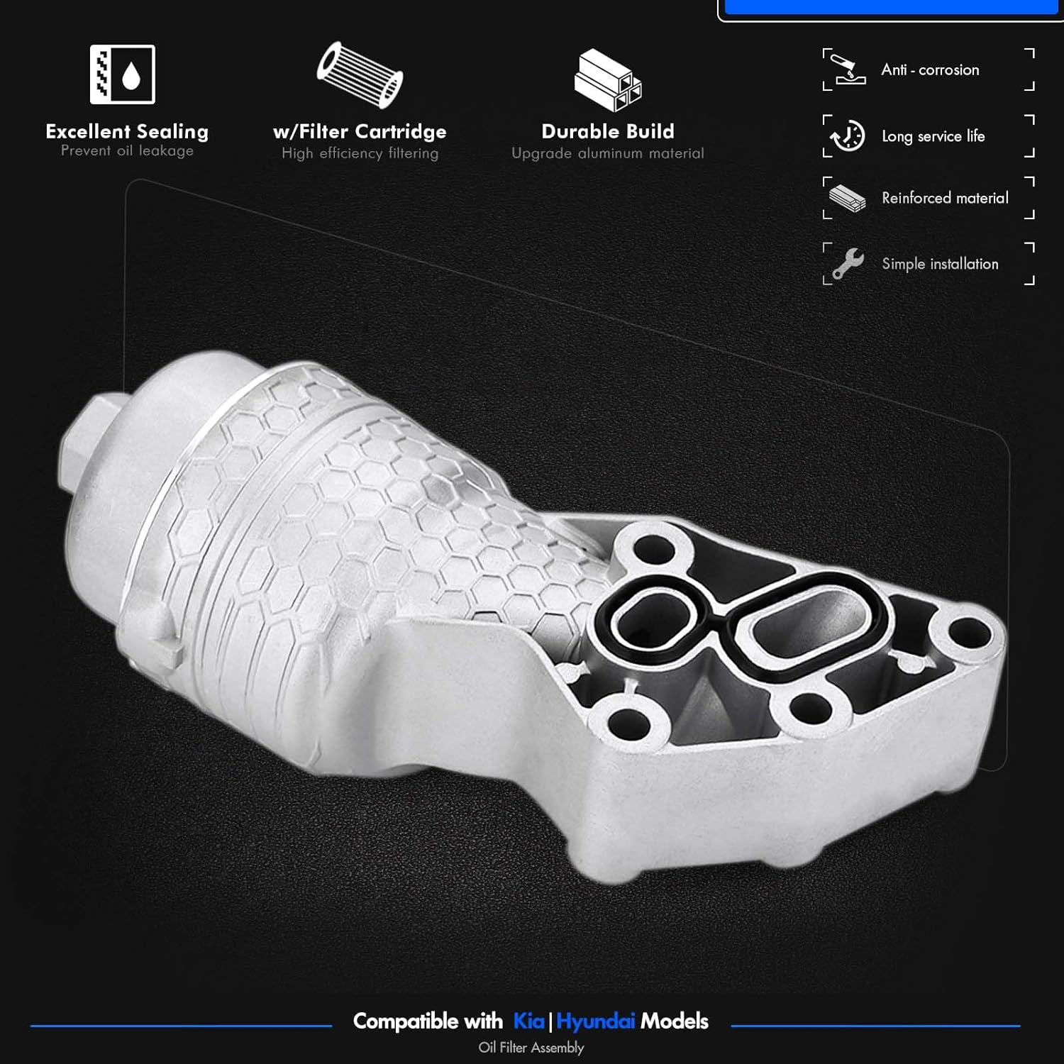 26300-3LAA0 Upgrade Aluminum Oil Filter Complete Assembly Kit Fit for Hyundai Palisade 2020-2024 Genesis G80 2017-20 for Kia Telluride 2020-2024 for Kia Sorento Cadenza Sedona 2017-21,OEM-263003LAA0