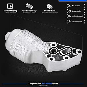 26300-3LAA0 Upgrade Aluminum Oil Filter Complete Assembly Kit Fit for Hyundai Palisade 2020-2024 Genesis G80 2017-20 for Kia Telluride 2020-2024 for Kia Sorento Cadenza Sedona 2017-21,OEM-263003LAA0