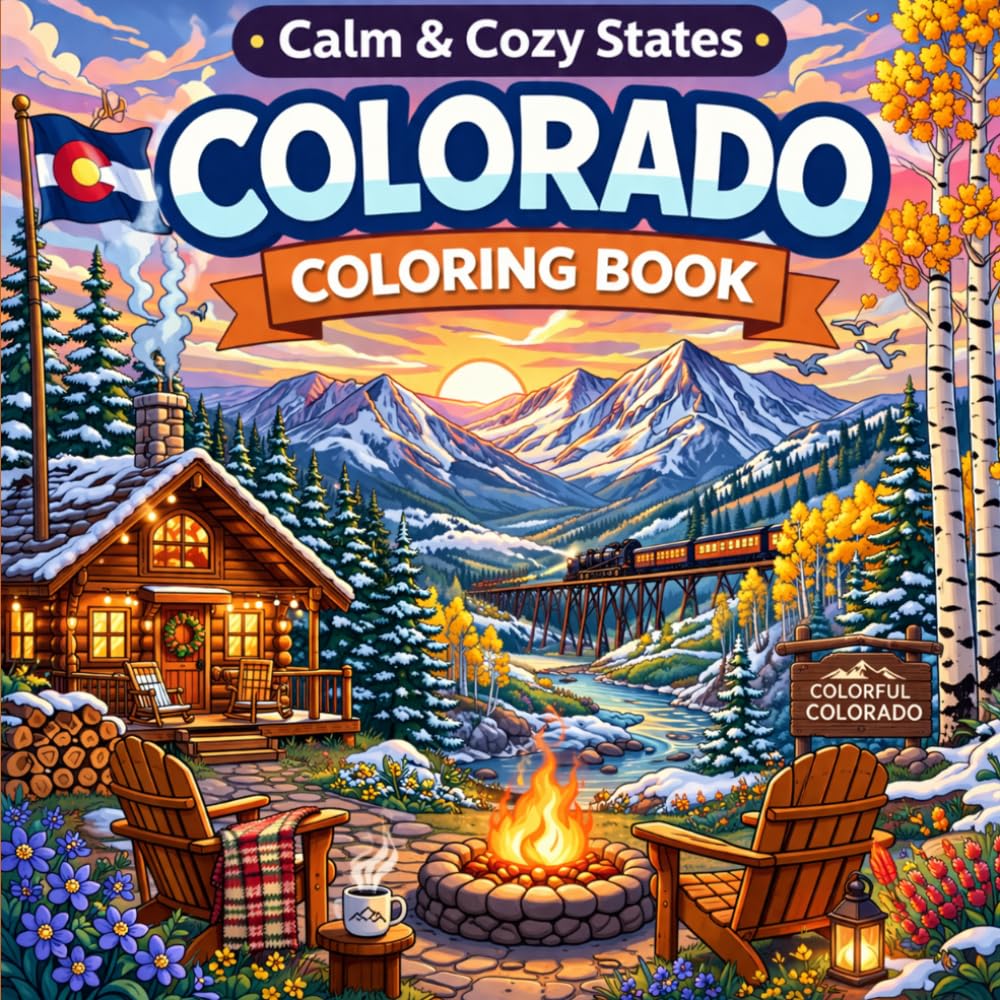 Calm & Cozy States: Colorado Coloring Book: Relaxing Cozy Scenes | Bold & Easy Designs for Stress Relief