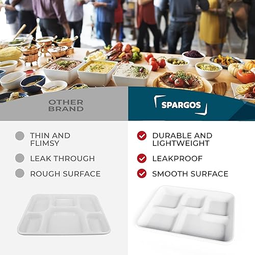 Miniatura 5 de Bandejas desechables de 5 compartimentos resistentes (paquete de 100) de 12.50 x 8.50 pulgadas, bandejas escolares de caña de azúcar, platos