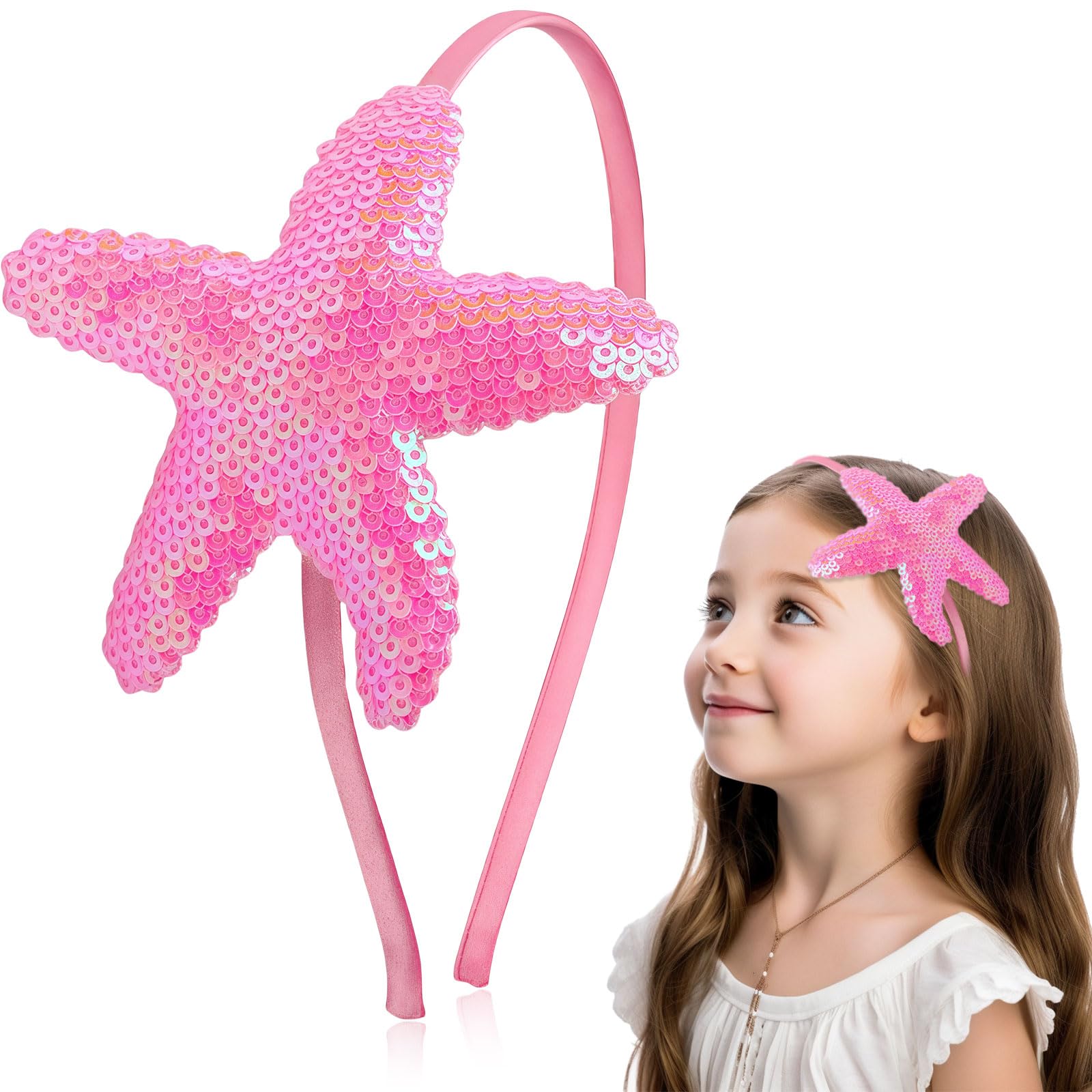 Pvoiue Mermaid Starfish Headband for Women Girls, Pink Holography Sequins Mermaid Starfish Hair Band for Women Girls Hair Accessories Summer Birthday