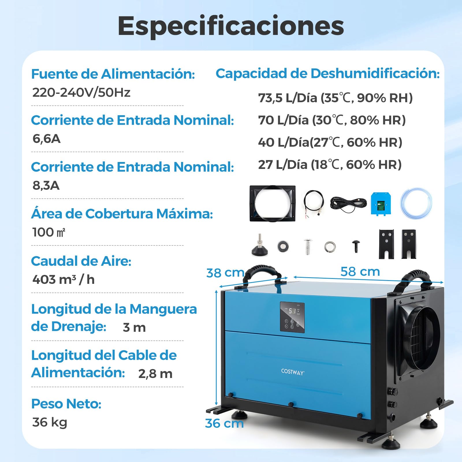 COSTWAY Deshumidificador Industrial de 73,5 L/Día, Deshumificadores de Humedad Silencioso con 3 Modos y Temporizador de 24H, Manguera de Drenaje y Descongelación Automática, Azul