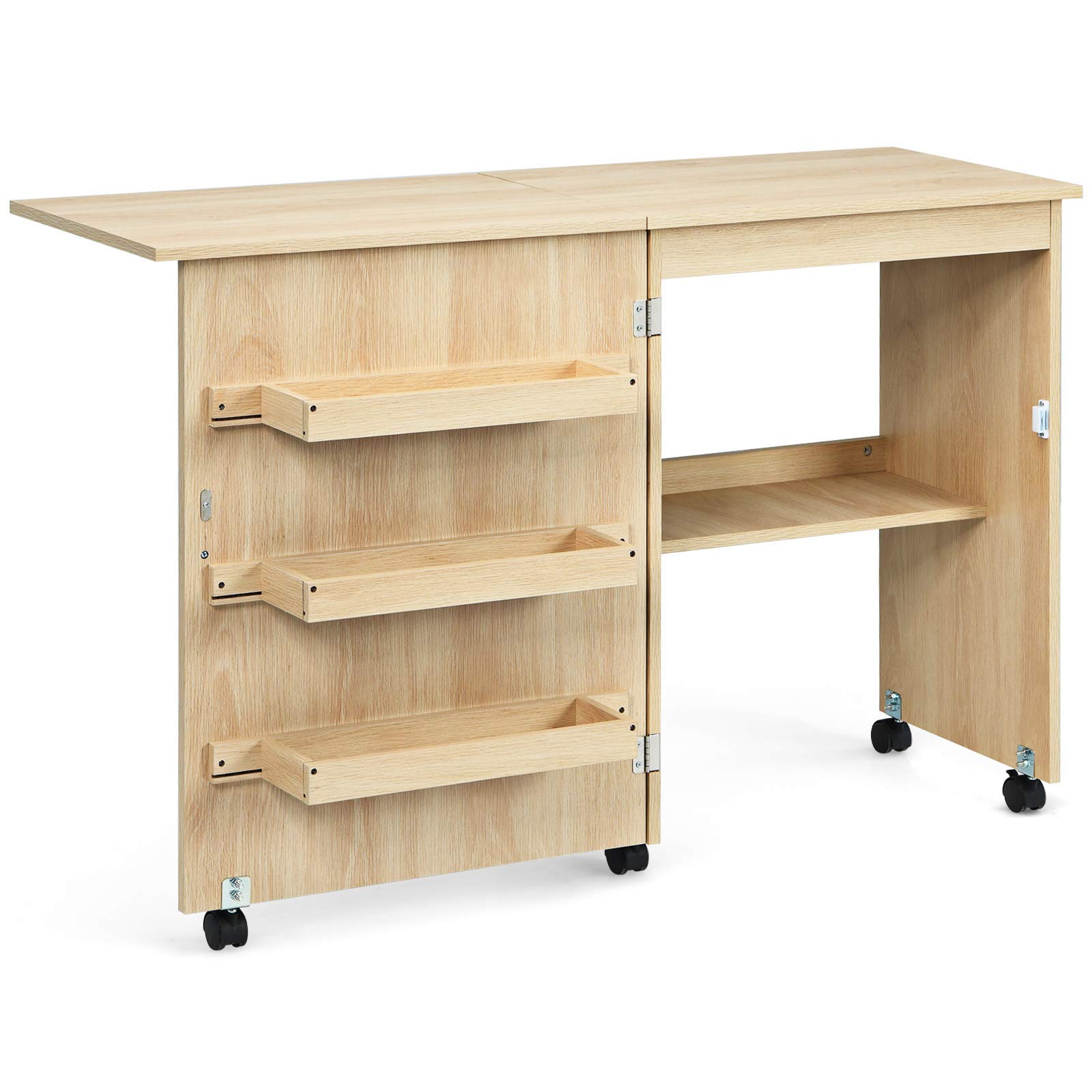 RELAX4LIFE Mesa de Costura Plegable Con 5 Ruedas, Frenos y 4 Estantes de Almacenamiento, Para Máquina de Coser de MDF, Multifuncional Para Salón, Dormitorio, Estudio, 118,5x40x79,5cm, Beige