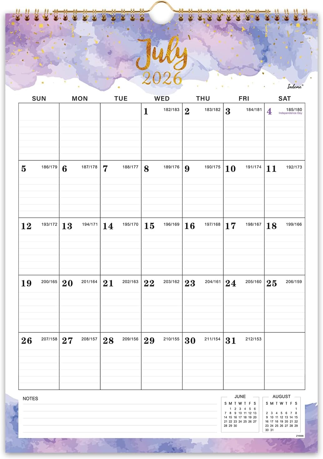 Indeme 2026-2027 Wall Calendar July 2026-June 2027 12x17 Inch Twin-Wire Hanging Hook Ruled Blocks Julian Dates Colorful Waterink