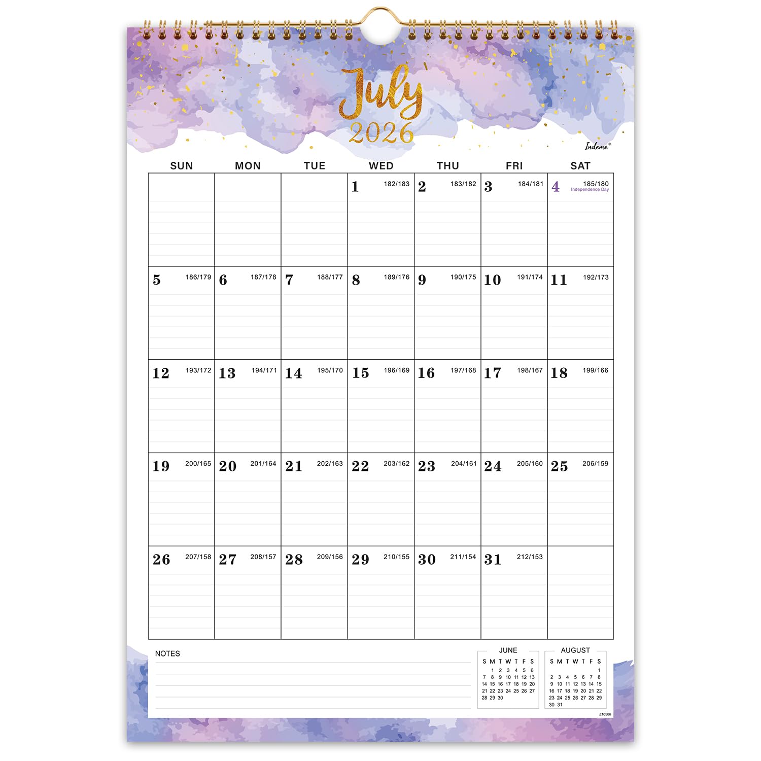 Calendar 2026-2027 - July 2026 - June 2027, Wall Calendar 2026-2027, 12" x 17", 18 Months Calendar, Twin-Wire Binding, Hanging Hook, Blocks and Julian Dates - Colorful Waterink