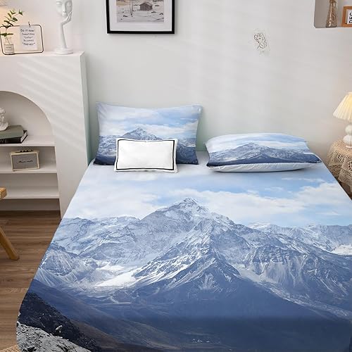 Miniatura 9 de Nature Sheets - Juego de sábanas de 4 piezas con patrón de paisaje de montaña, sábanas y fundas de almohada estampadas, sábana bajera ajustable de