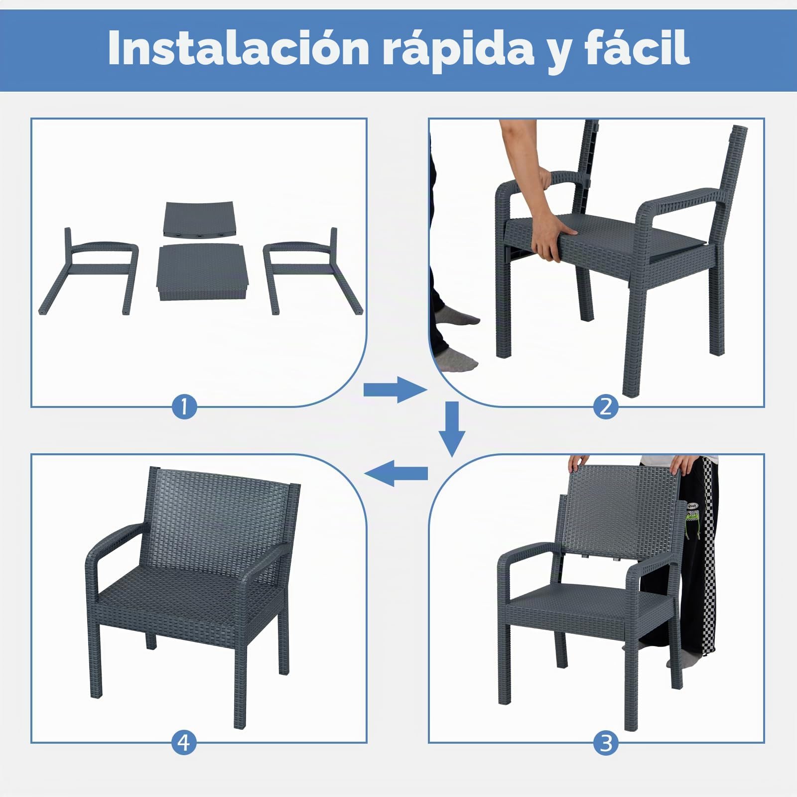 LIFEZEAL Conjunto Muebles Jardín Exterior, Juego Mesa y Sillas Jardín con Respaldo Inclinable y Apoyabrazos, Refuerzo de Travesaños, Ratán PP para Terraza Comedor Balcón