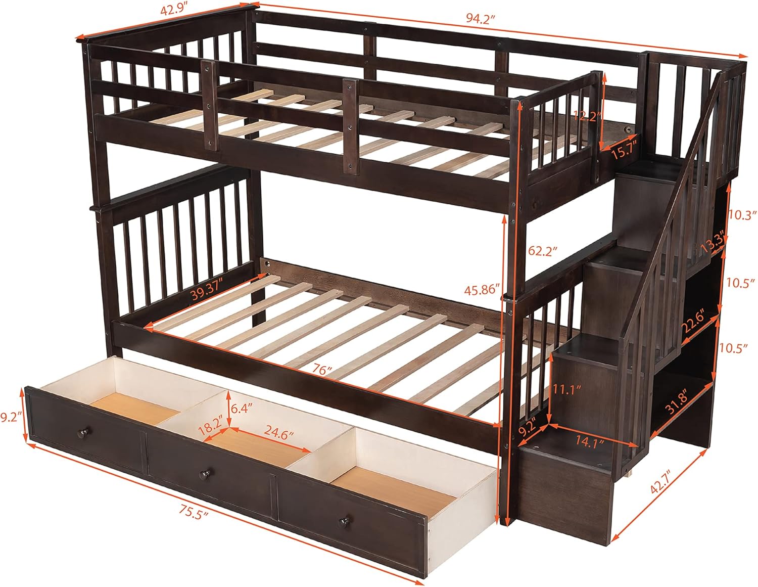 Buy Merax Stairway Twin Over Twin Wood Bunk Bed with Three Drawers and